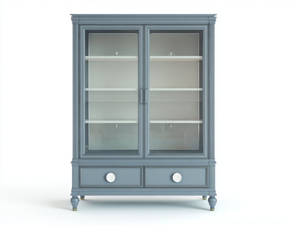 Vitrina de madera y vidrio 110 x 45 x 190 cm - Gris azulado y blanco - 2 puertas 2 cajones y estilo clásico