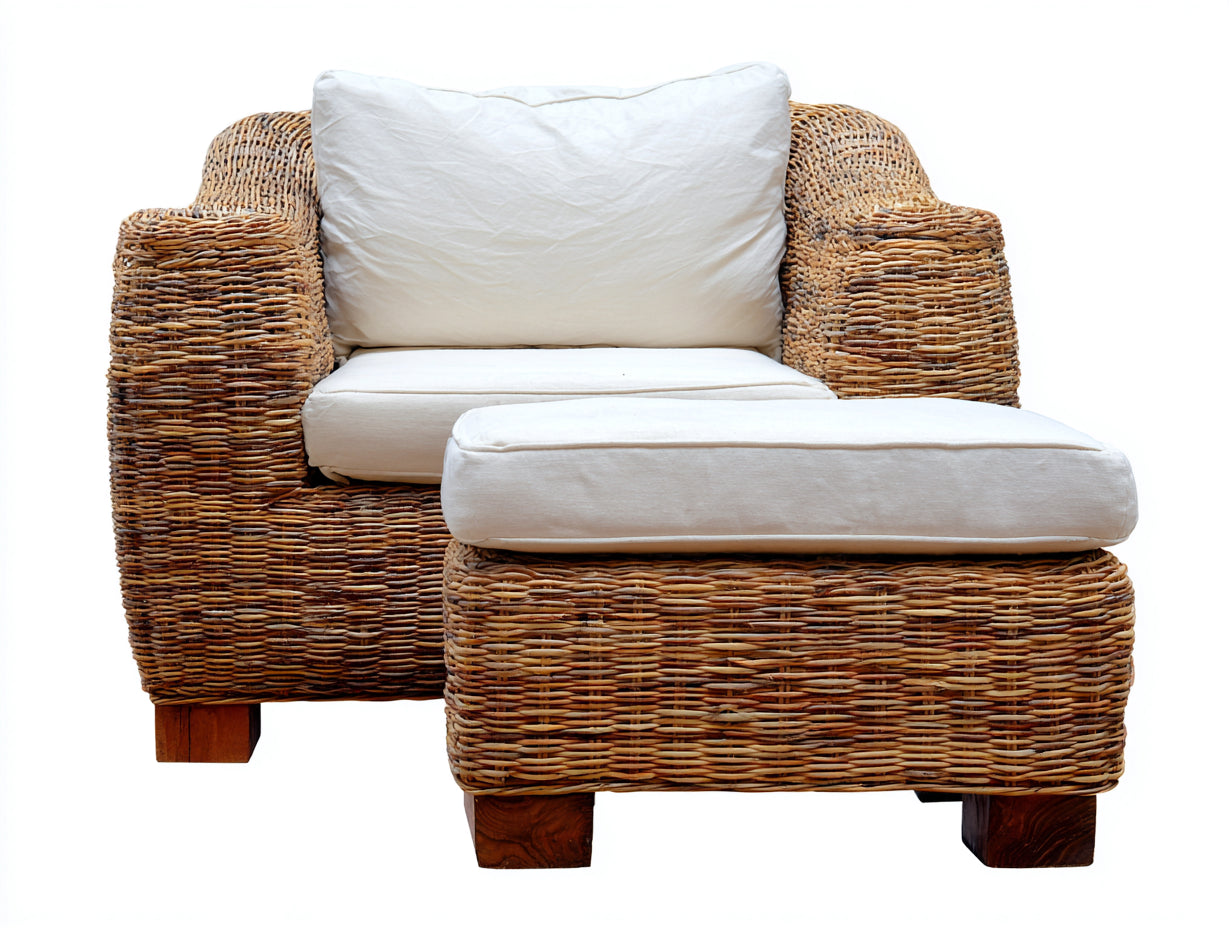 Sillones de ratán con reposapiés 105x88x82 cm - natural-blanco roto - para salón y terraza cubierta - diseño artesanal trenzado