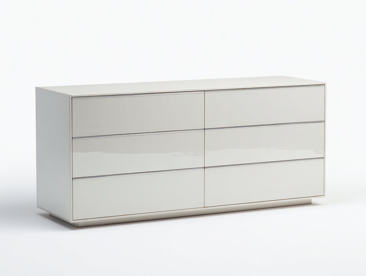 Cómodas de madera 160 x 45 x 80 cm - Blanco brillante - 6 cajones con frentes lisos y diseño moderno para dormitorio