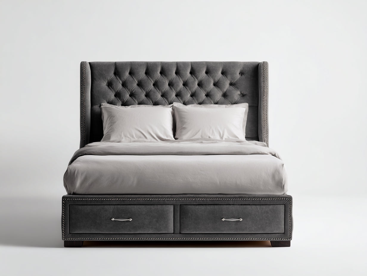 Camas dobles tapizadas en tela aterciopelada 215x165x145 cm - gris oscuro - para dormitorio - diseño capitoné con 2 cajones