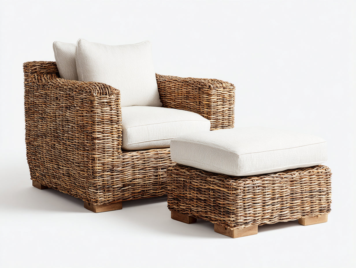 Sillones de ratán 110x85x78 cm - natural-blanco - con reposapiés para salón
