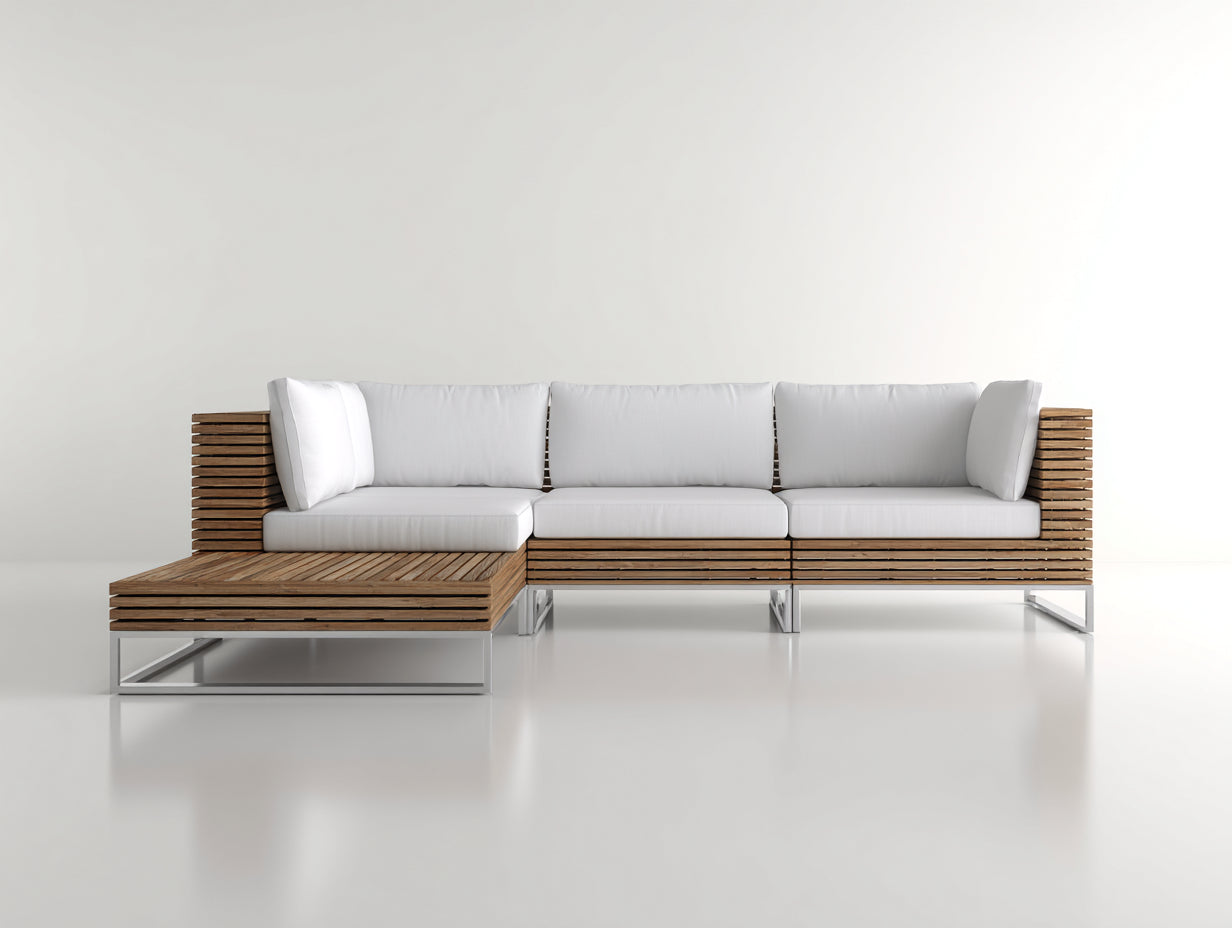 Sofás de exterior de madera y metal 300x160x72 cm - madera natural y blanco - diseño moderno para terraza