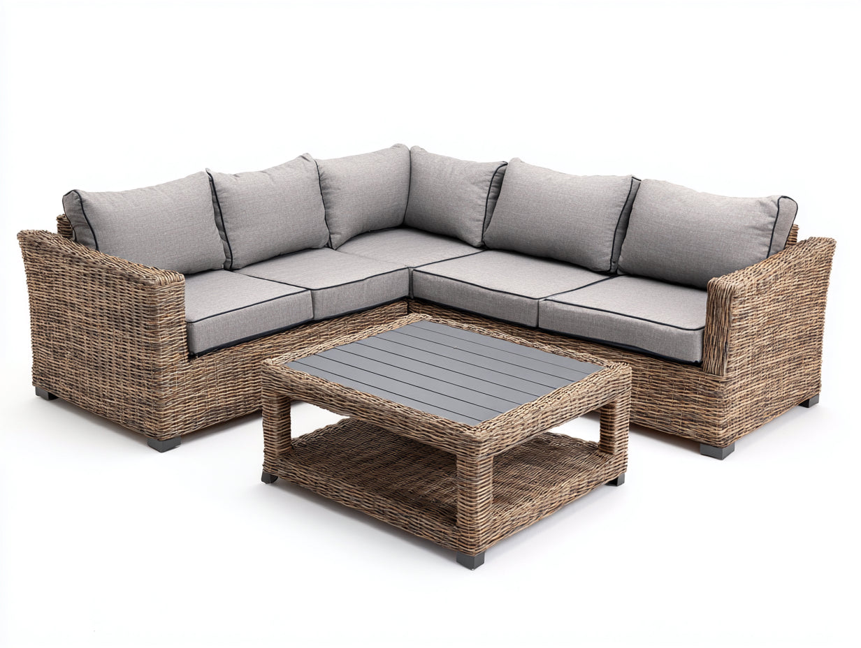 Sofás de exterior de ratán 280 x 280 x 75 cm - Marrón natural y gris claro - Diseño esquinero con mesa