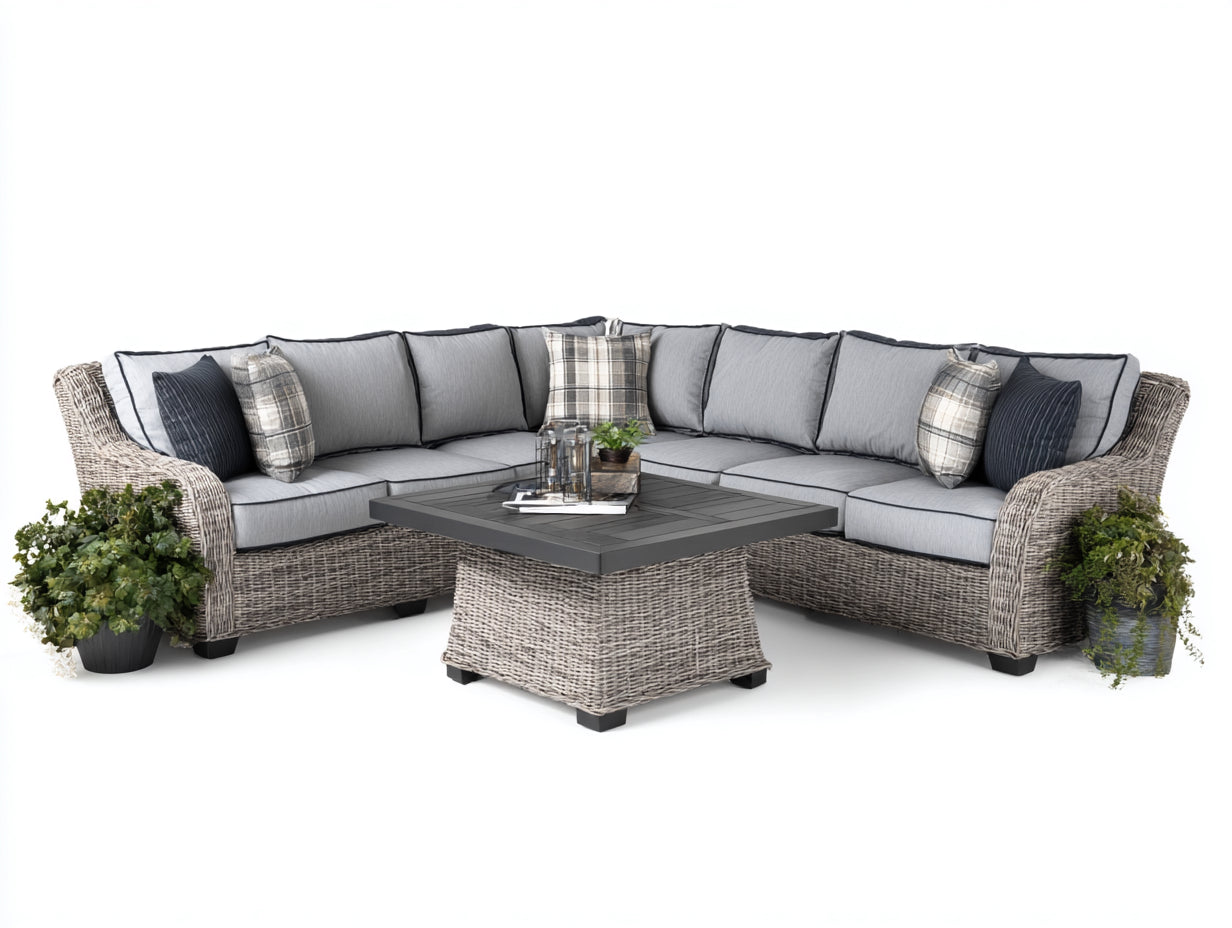 Sofás de exterior de ratán trenzado con mesa 280x280x75 cm - gris claro-gris oscuro - para jardín y terraza - conjunto rinconero moderno