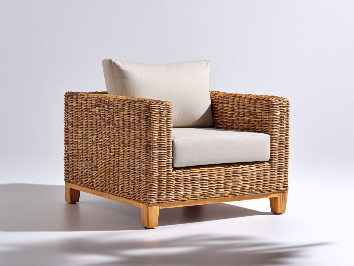 Sillones de ratán 90 x 85 x 82 cm - Natural y crema - Brazos anchos y asiento acolchado para salón y terraza cubierta
