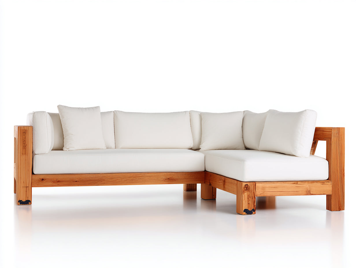 Sofás de exterior de madera 250 x 190 x 80 cm - Marrón natural y blanco - Diseño esquinero contemporáneo