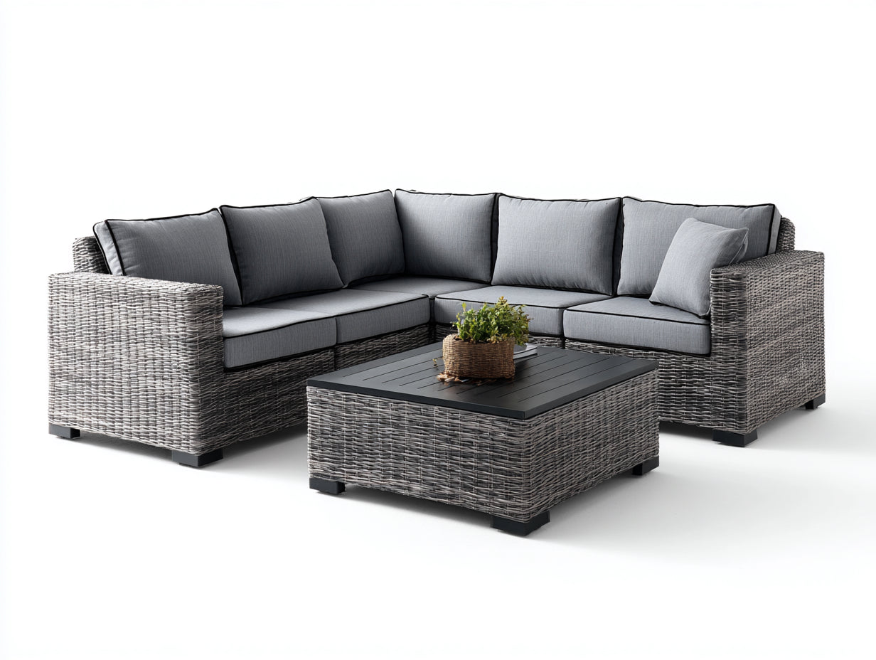 Sofás de exterior de ratán 280 x 280 x 75 cm - Gris y gris oscuro - Diseño esquinero con mesa