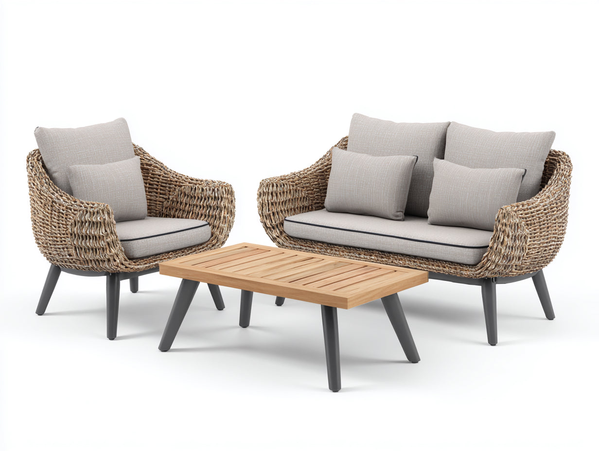 Sofás de exterior de ratán trenzado con mesa 250x180x78 cm - natural-gris claro-gris oscuro - para jardín y terraza - conjunto moderno de 3 piezas