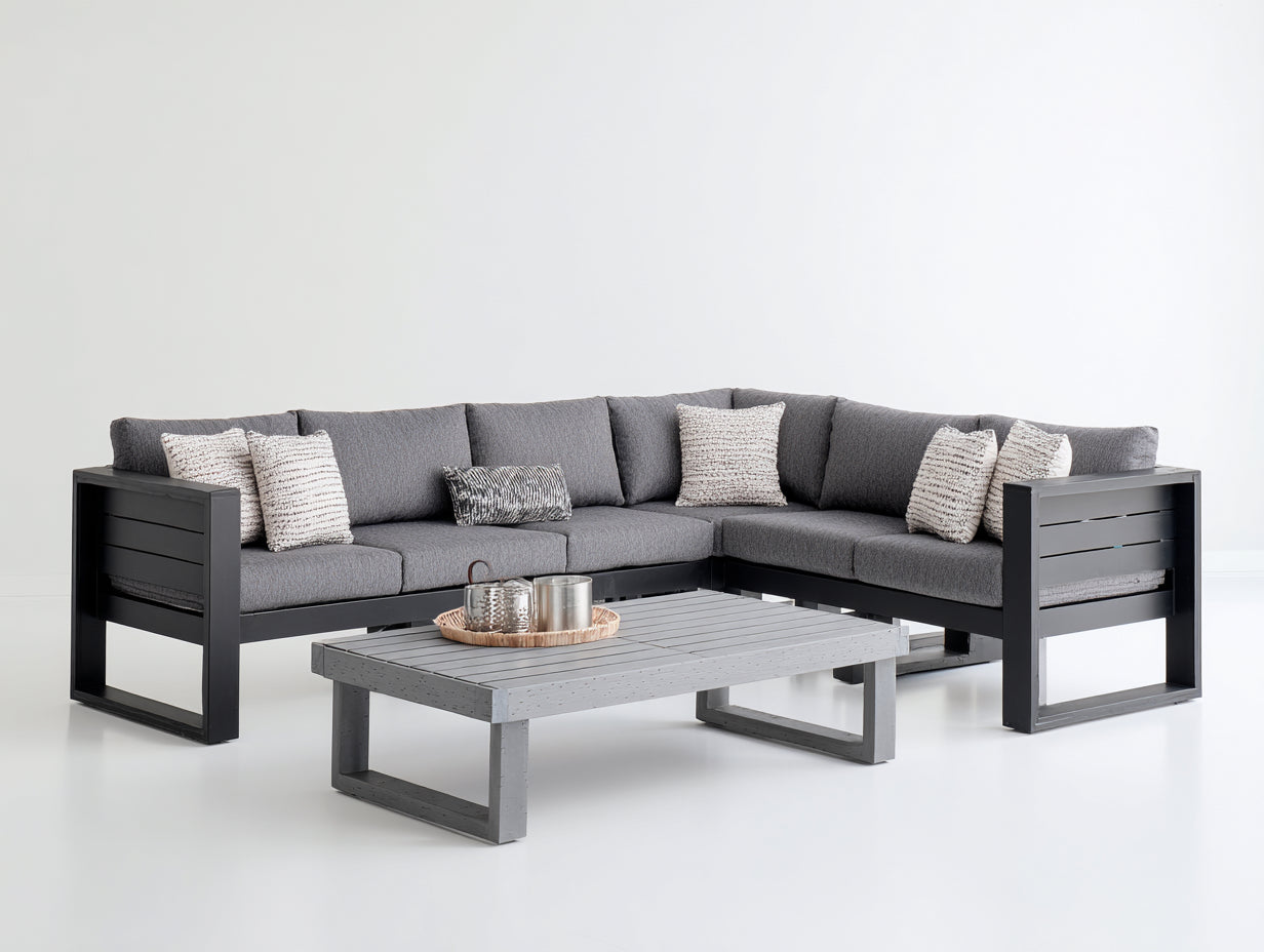 Sofás de exterior - Sofá esquinero de estructura metálica 245 x 245 x 78 cm - Gris antracita y gris oscuro - Diseño moderno para terraza y jardín