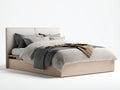Camas dobles de madera 220 x 170 x 115 cm - Roble claro y beige - Cabecero tapizado con cajón lateral para dormitorio