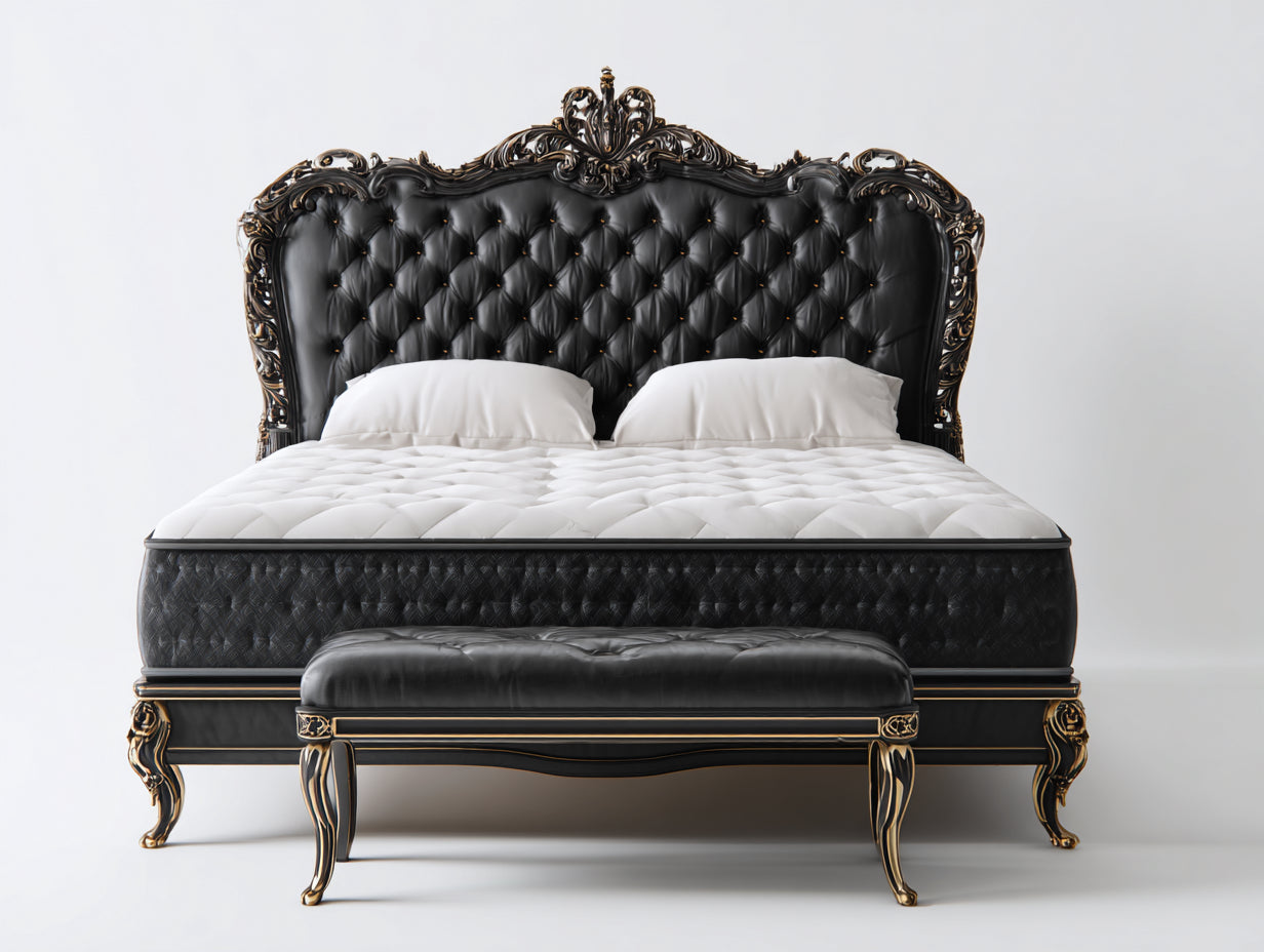 Camas dobles de madera de ingeniería y tapizado efecto piel 218x190x165 cm - negro-dorado - para dormitorio - estilo clásico con cabecero capitoné