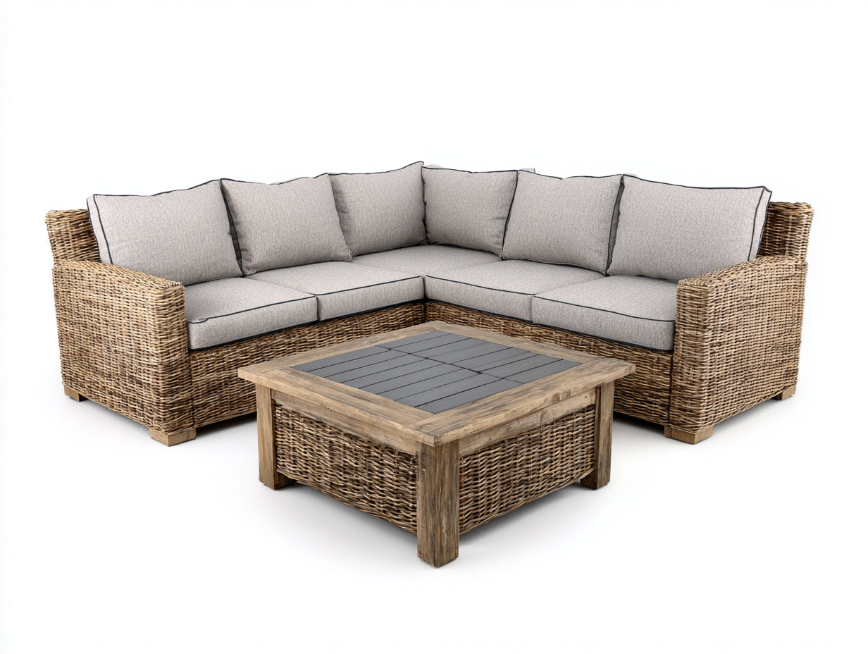 Sofás de exterior - Sofá esquinero modular de ratán sintético 250 x 250 x 84 cm - Marrón natural y beige - Diseño contemporáneo para terraza y jardín