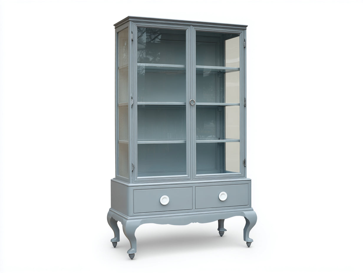 Vitrina de madera y vidrio 100x40x150 cm - gris azulado - 2 puertas y 2 cajones para comedor