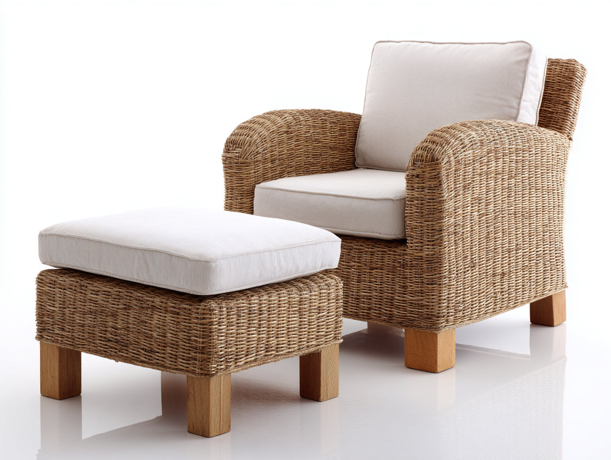 Sillones de ratán con reposapiés 82x78x88 cm - ratán natural y beige - estilo clásico para salón