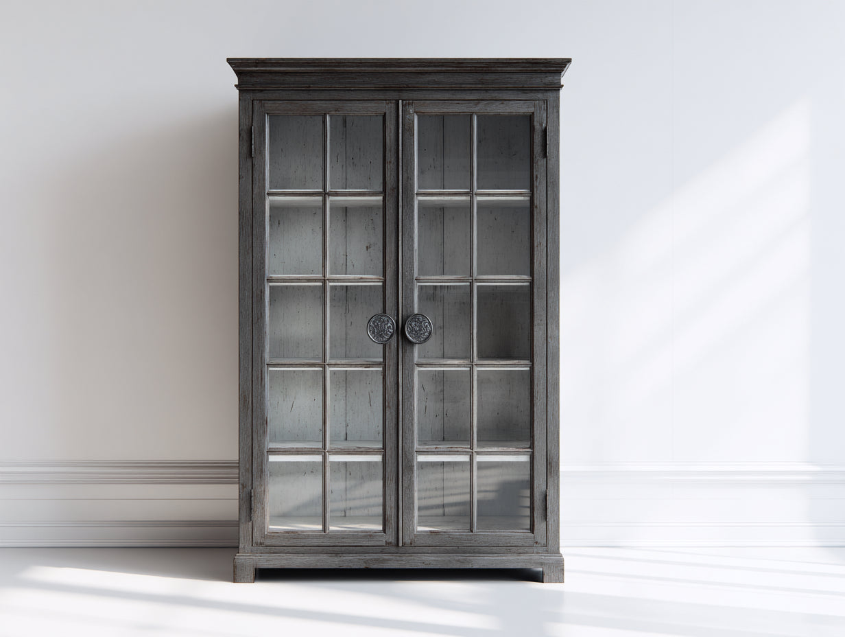 Vitrina de madera y vidrio 95 x 42 x 185 cm - Gris envejecido - 2 puertas y estilo clásico