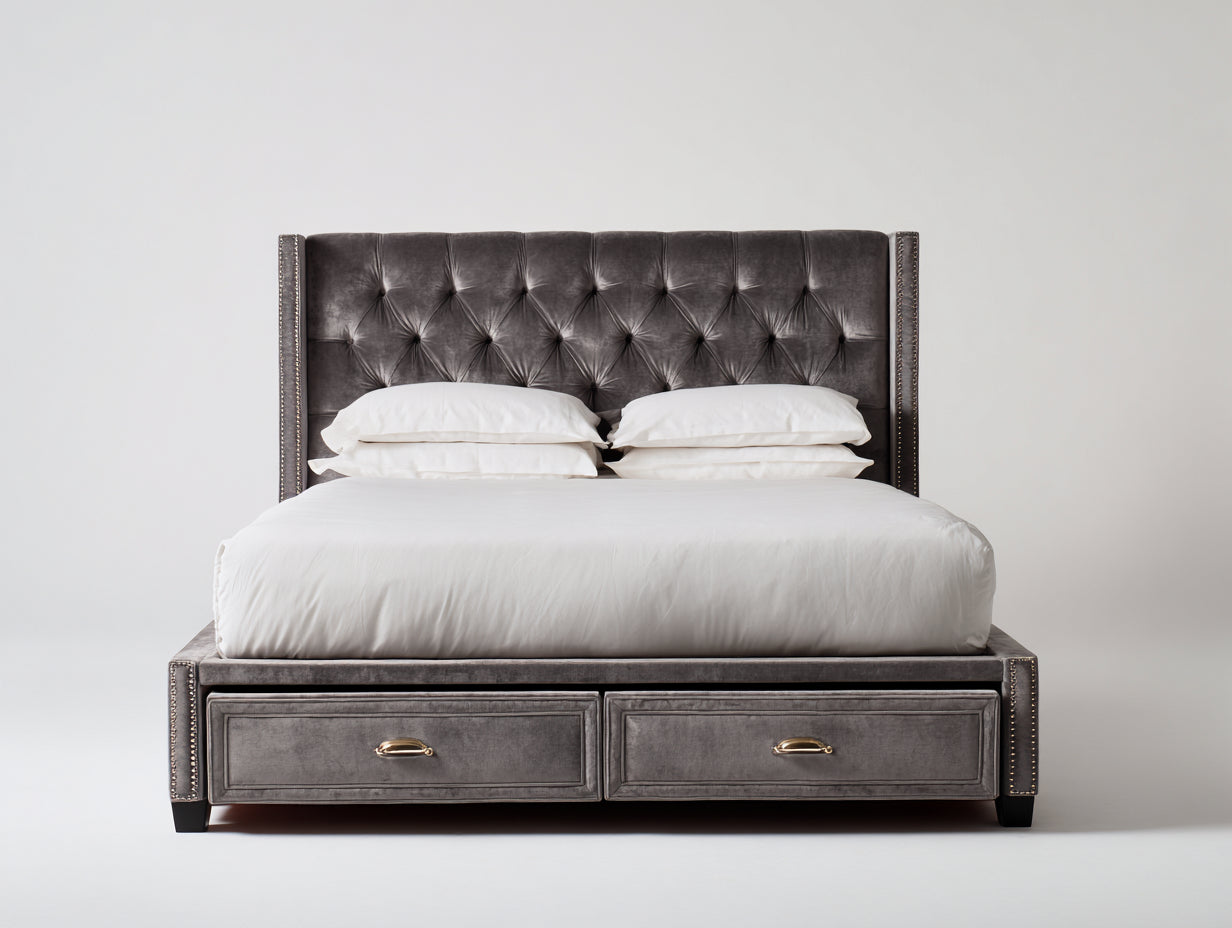 Camas dobles tapizadas 210x180x135 cm - gris oscuro - cabecero capitoné y 2 cajones