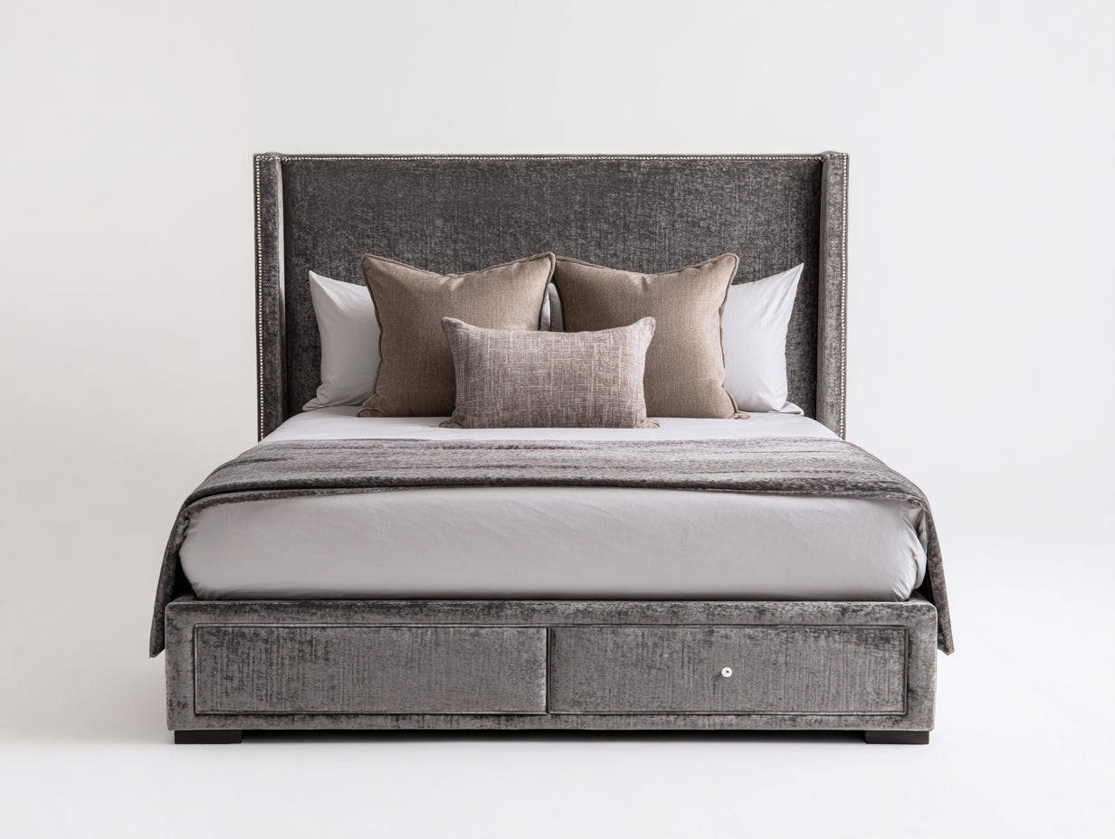 Camas dobles tapizadas 220 x 180 x 145 cm - Gris oscuro - Cabecero alto con laterales envolventes y 2 cajones frontales para dormitorio