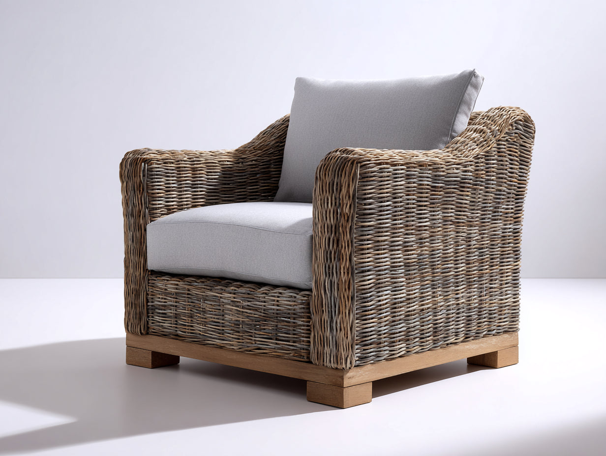 Sillones de ratán 90 x 85 x 88 cm - Marrón natural y gris claro - Tapizado y diseño contemporáneo