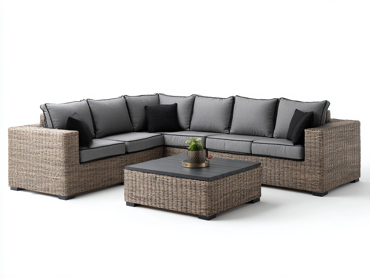 Sofás de exterior de ratán con mesa 280x220x78 cm - ratán natural y gris - diseño moderno para jardín
