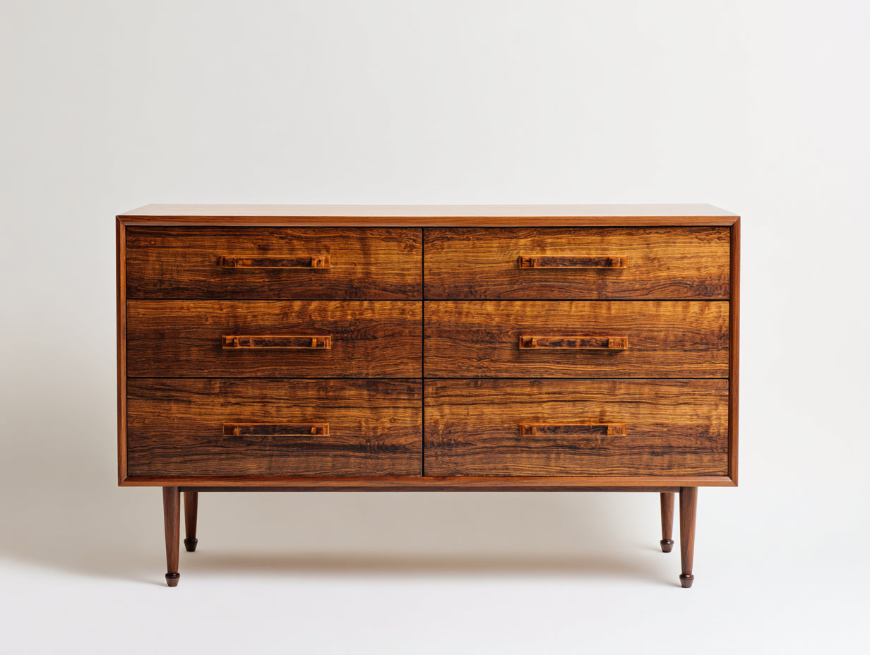 Cómodas de madera de ingeniería efecto nogal 140x42x82 cm - marrón nogal - para dormitorio y salón - diseño retro con 6 cajones