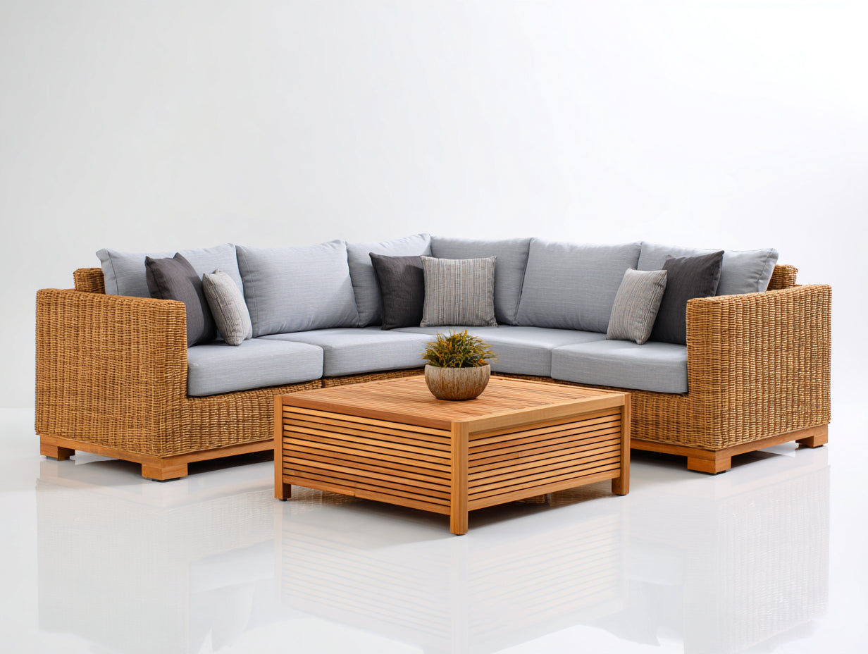 Sofás de exterior - Sofá esquinero modular de ratán sintético 255 x 255 x 82 cm - Marrón miel y gris claro - Diseño moderno para terraza y jardín