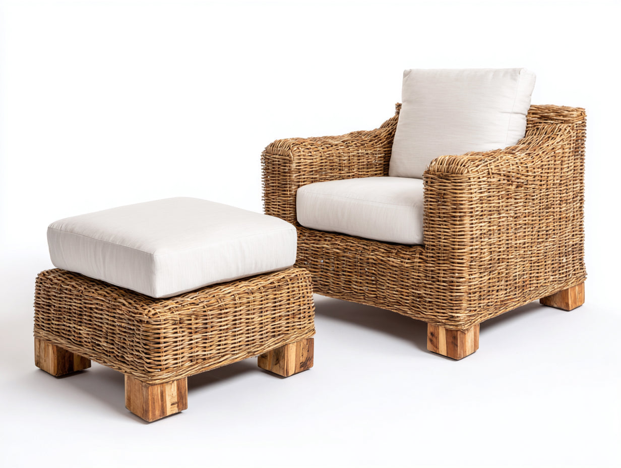 Sillones de ratán 108x86x80 cm - natural-blanco - con reposapiés para terraza cubierta