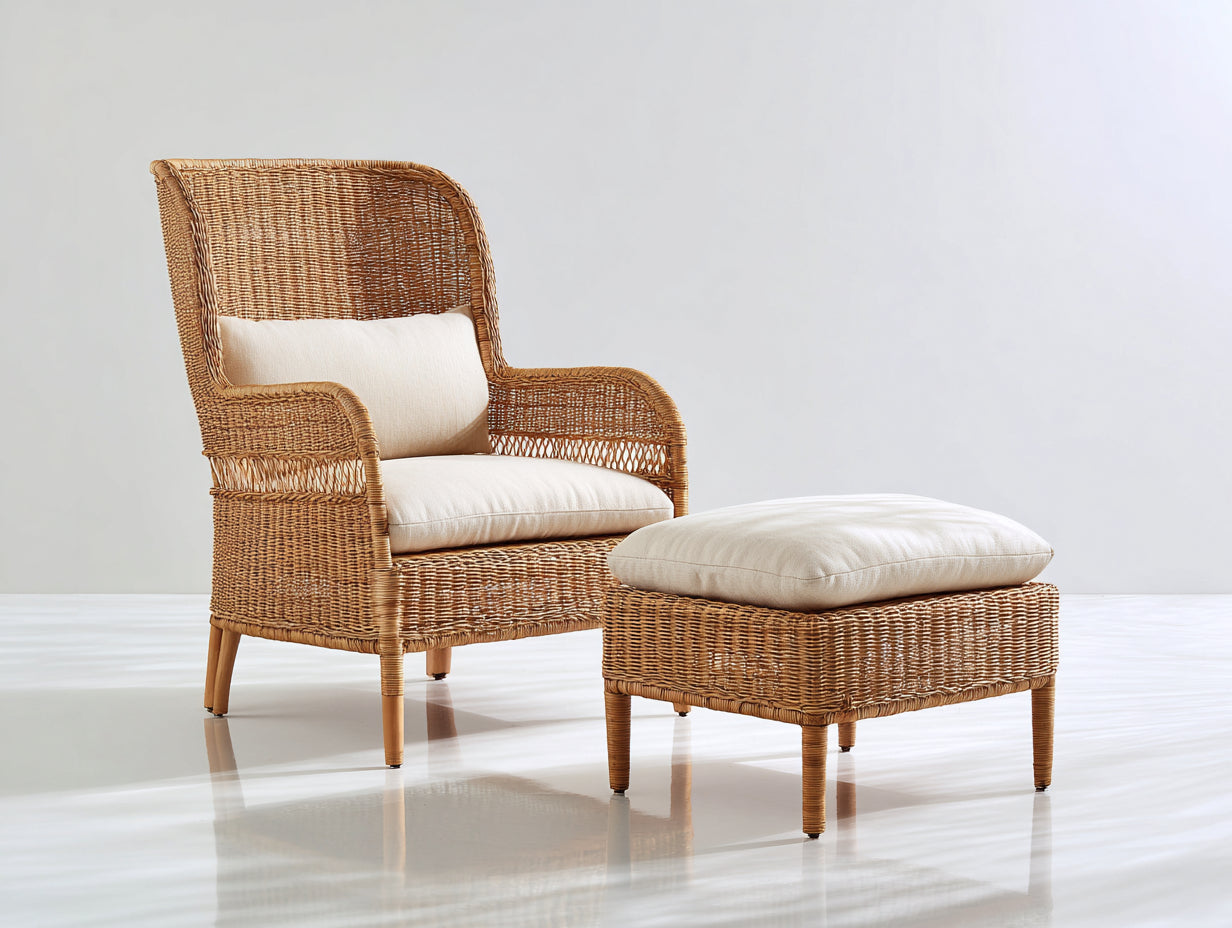 Sillones de ratán 82 x 86 x 112 cm - Natural y crema - Respaldo alto con reposapiés y cojines para salón y terraza cubierta