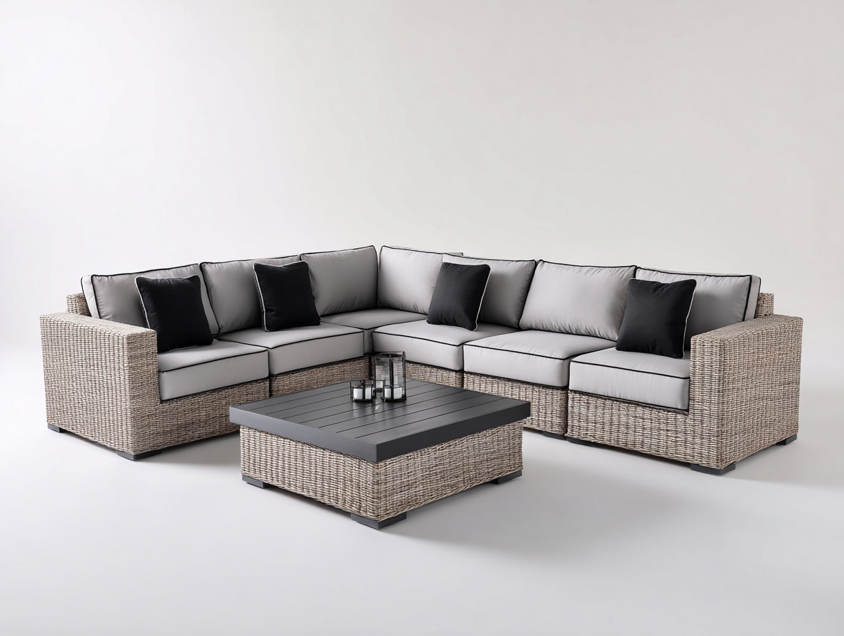 Sofás de exterior de ratán sintético 330x330x76 cm - gris-beige - conjunto con mesa