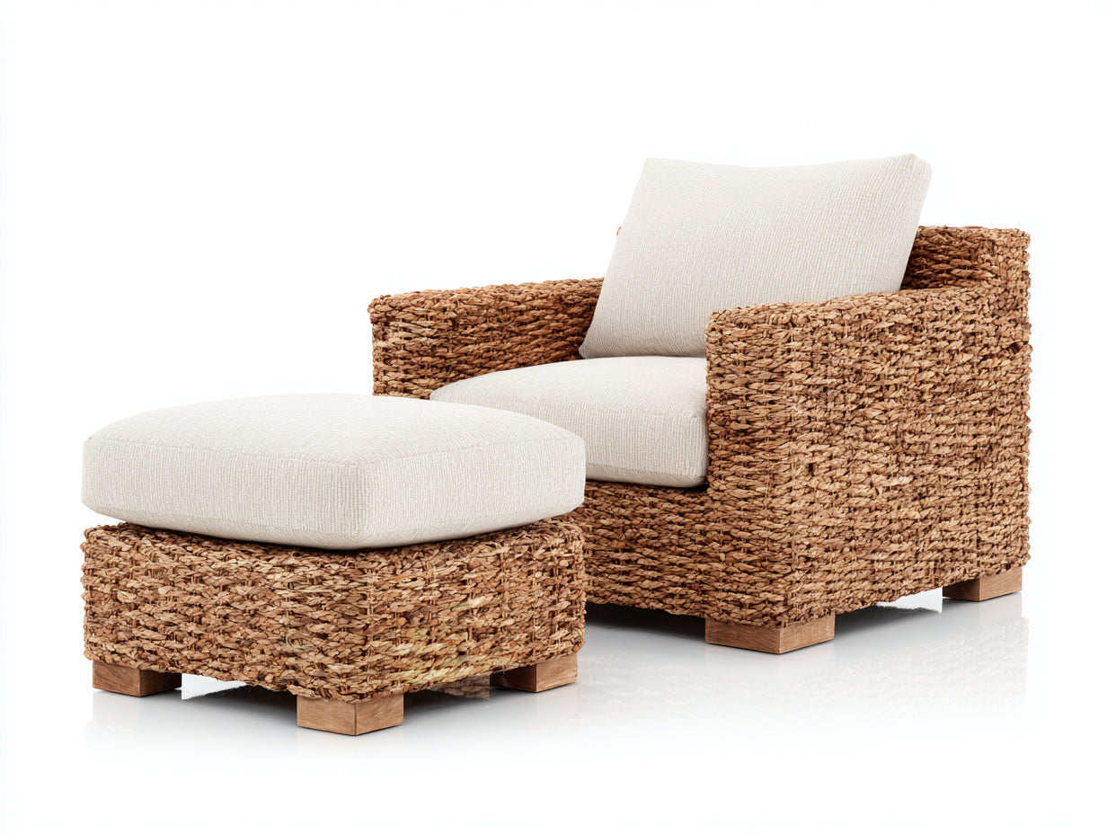 Sillones de ratán con reposapiés 105x85x78 cm - natural-crema - para salón y terraza cubierta - diseño relajado de fibras trenzadas